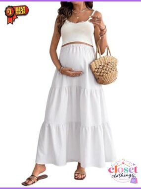 MakeMeChic Maternity Ruffle Maxi Skirt Floral High Waist A-Line